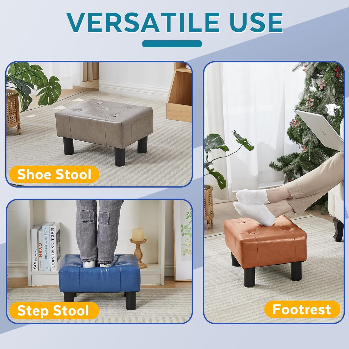 Small Foot Stool Ottoman, Sherpa Footstool Ottoman Foot Rest for Couch, Rectangle Footstools and Ottomans Small for Living Room, Entryway and Bedroom (White)
