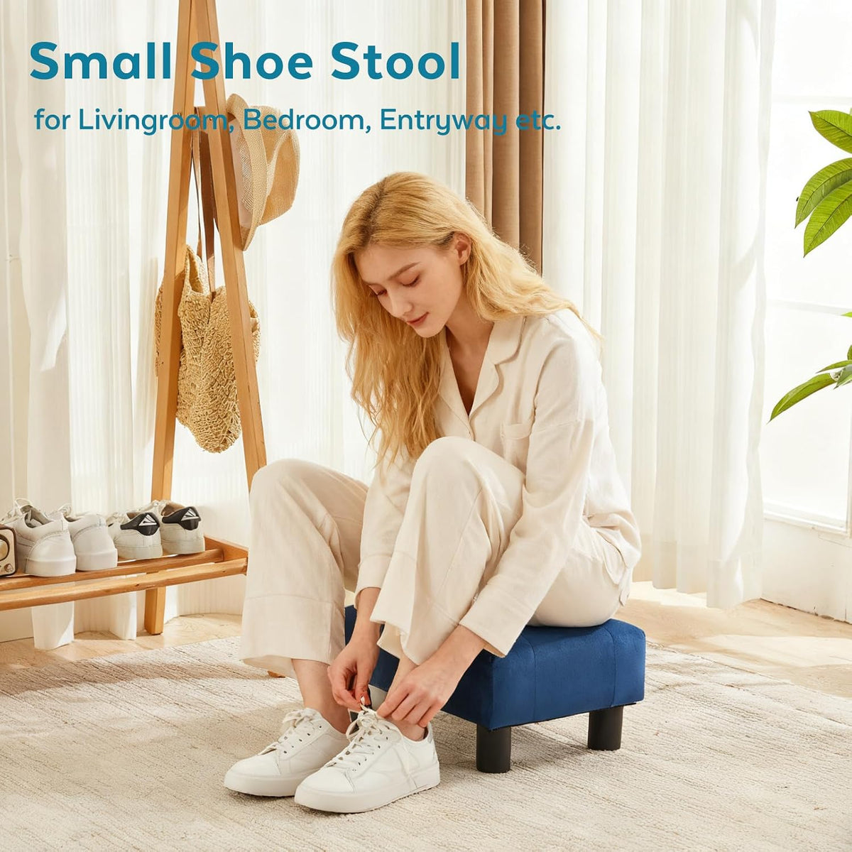Small Foot Stool Ottoman, Sherpa Footstool Ottoman Foot Rest for Couch, Rectangle Footstools and Ottomans Small for Living Room, Entryway and Bedroom (White)