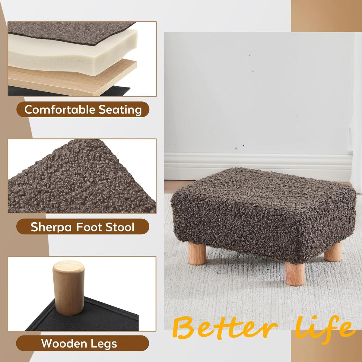 Small Foot Stool Ottoman, Sherpa Footstool Ottoman Foot Rest for Couch, Rectangle Footstools and Ottomans Small for Living Room, Entryway and Bedroom (White)