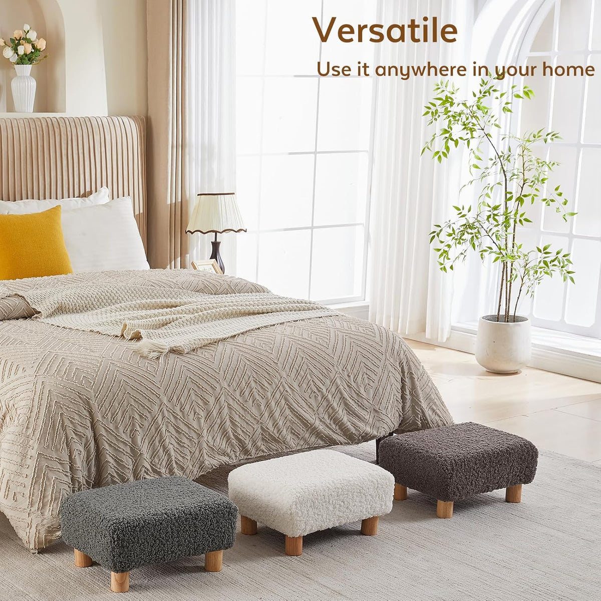 Small Foot Stool Ottoman, Sherpa Footstool Ottoman Foot Rest for Couch, Rectangle Footstools and Ottomans Small for Living Room, Entryway and Bedroom (White)