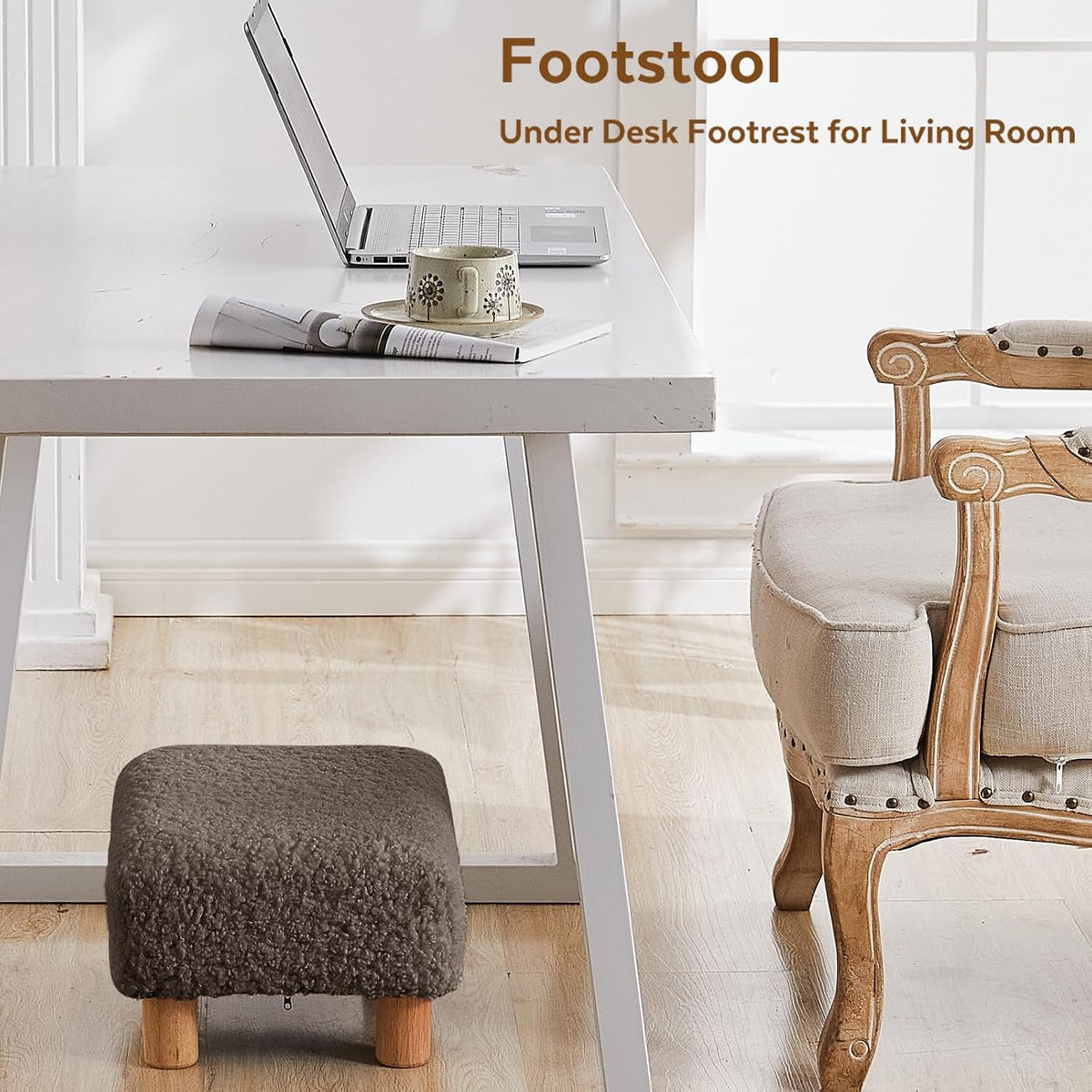 Small Foot Stool Ottoman, Sherpa Footstool Ottoman Foot Rest for Couch, Rectangle Footstools and Ottomans Small for Living Room, Entryway and Bedroom (White)