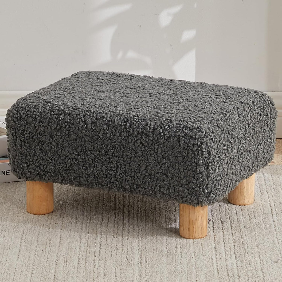 Small Foot Stool Ottoman, Sherpa Footstool Ottoman Foot Rest for Couch, Rectangle Footstools and Ottomans Small for Living Room, Entryway and Bedroom (White)