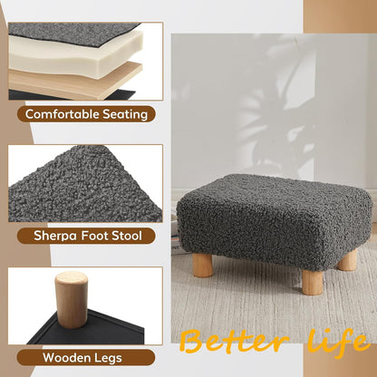 Small Foot Stool Ottoman, Sherpa Footstool Ottoman Foot Rest for Couch, Rectangle Footstools and Ottomans Small for Living Room, Entryway and Bedroom (White)