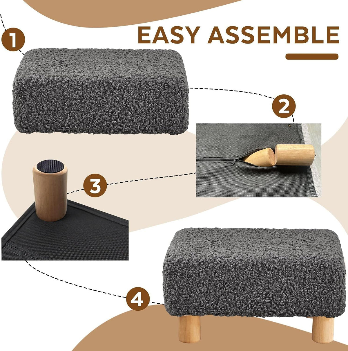 Small Foot Stool Ottoman, Sherpa Footstool Ottoman Foot Rest for Couch, Rectangle Footstools and Ottomans Small for Living Room, Entryway and Bedroom (White)