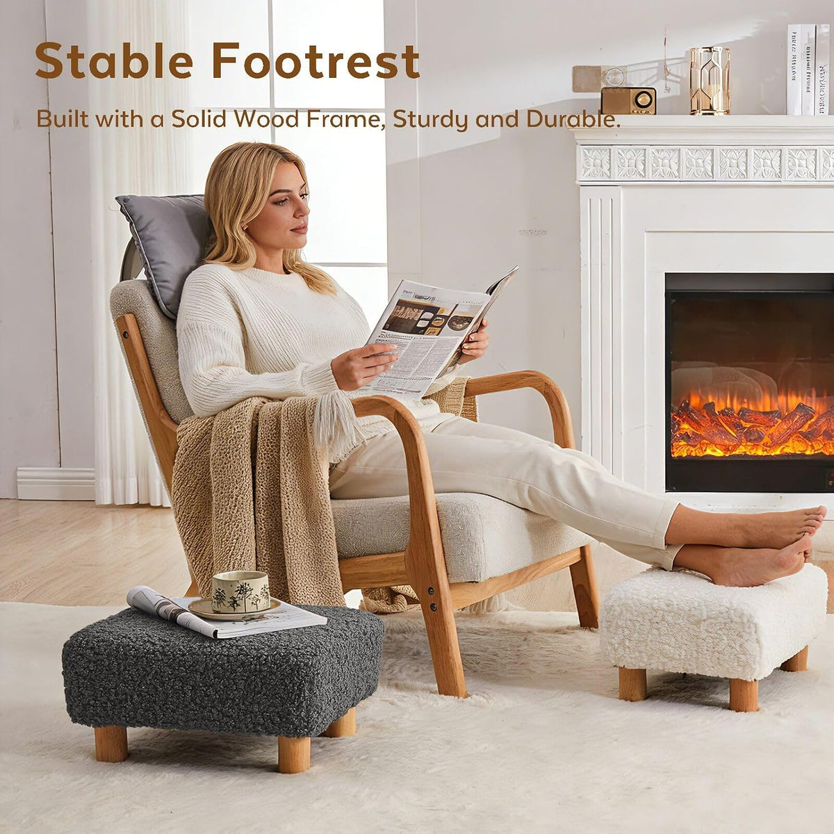 Small Foot Stool Ottoman, Sherpa Footstool Ottoman Foot Rest for Couch, Rectangle Footstools and Ottomans Small for Living Room, Entryway and Bedroom (White)