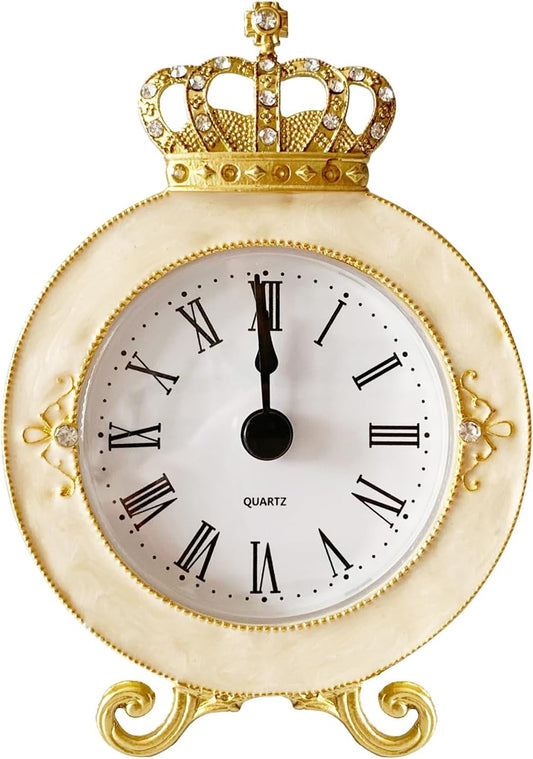 Vintage Mini Analog Table Clock, Silent Crown Table Clock with Hand-Painted Metal Body and Battery Operated Non-Ticking Core for Shelf, Living Room, Bedroom, Bedside, Desk