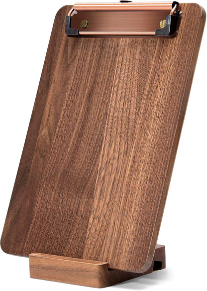 Walnut Wood Clipboard, 9.45" x 6.69" Small Menu Clip Board with Metal Clip and Stable Base, Solid Hardwood, Smooth Edges, Free Stand Holder for Bar, Restaurant, Coffee Shops, Countertops