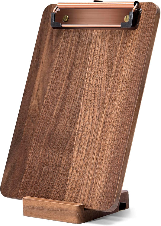 Walnut Wood Clipboard, 9.45" x 6.69" Small Menu Clip Board with Metal Clip and Stable Base, Solid Hardwood, Smooth Edges, Free Stand Holder for Bar, Restaurant, Coffee Shops, Countertops