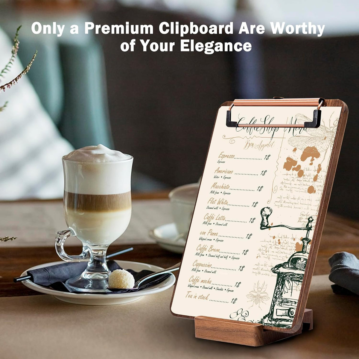 Walnut Wood Clipboard, 9.45" x 6.69" Small Menu Clip Board with Metal Clip and Stable Base, Solid Hardwood, Smooth Edges, Free Stand Holder for Bar, Restaurant, Coffee Shops, Countertops