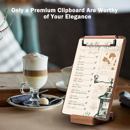 Walnut Wood Clipboard, 9.45" x 6.69" Small Menu Clip Board with Metal Clip and Stable Base, Solid Hardwood, Smooth Edges, Free Stand Holder for Bar, Restaurant, Coffee Shops, Countertops