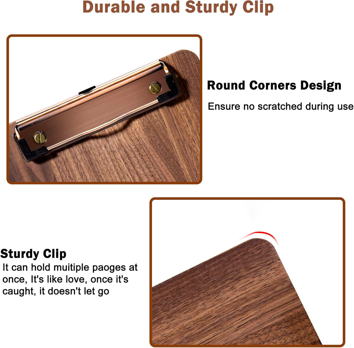 Walnut Wood Clipboard, 9.45" x 6.69" Small Menu Clip Board with Metal Clip and Stable Base, Solid Hardwood, Smooth Edges, Free Stand Holder for Bar, Restaurant, Coffee Shops, Countertops