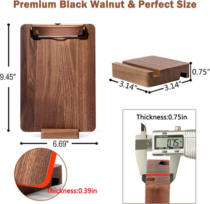 Walnut Wood Clipboard, 9.45" x 6.69" Small Menu Clip Board with Metal Clip and Stable Base, Solid Hardwood, Smooth Edges, Free Stand Holder for Bar, Restaurant, Coffee Shops, Countertops