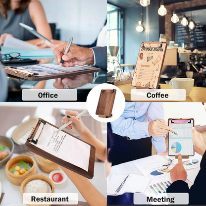 Walnut Wood Clipboard, 9.45" x 6.69" Small Menu Clip Board with Metal Clip and Stable Base, Solid Hardwood, Smooth Edges, Free Stand Holder for Bar, Restaurant, Coffee Shops, Countertops