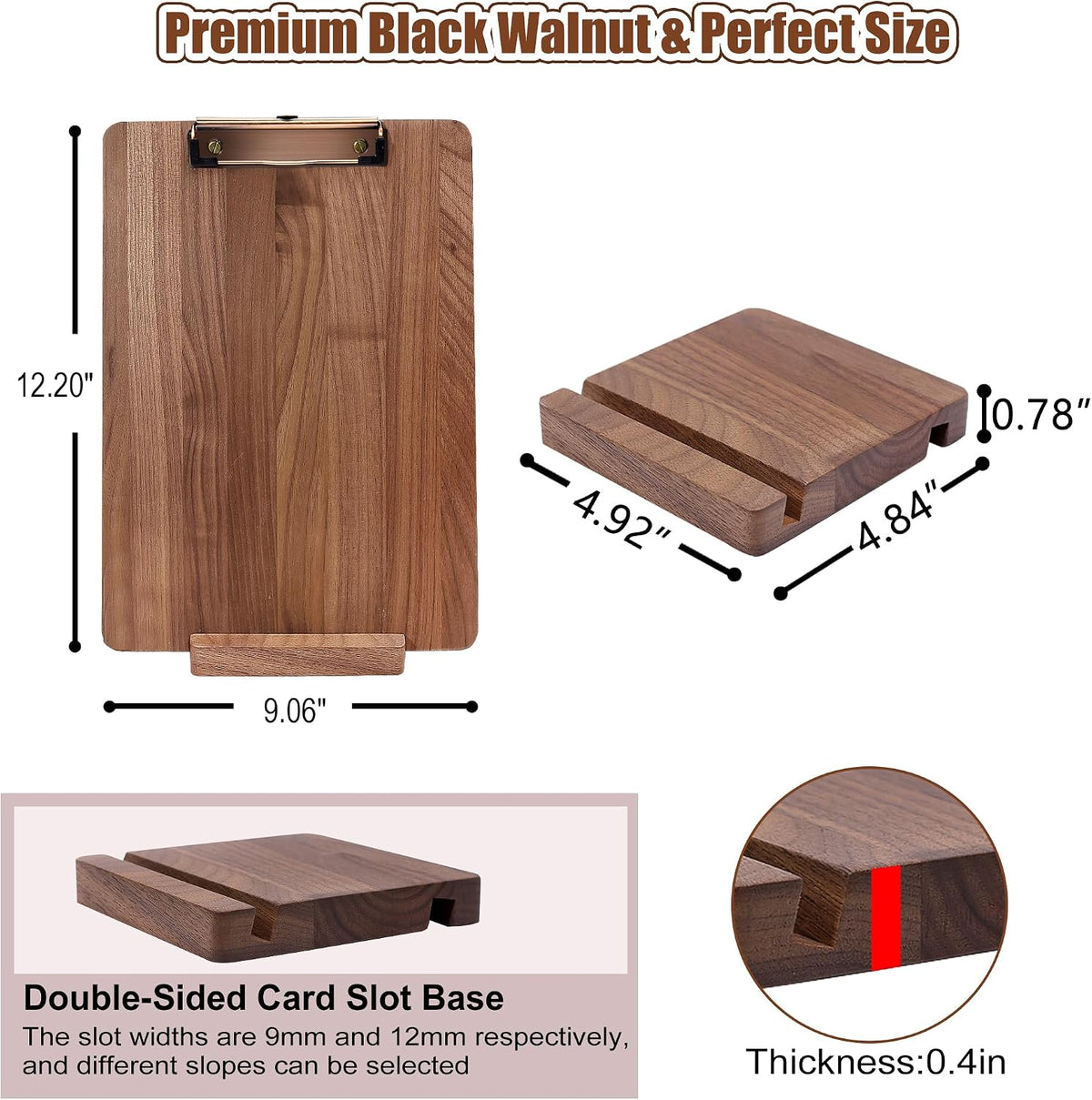 Walnut Wood Clipboard, 9.45" x 6.69" Small Menu Clip Board with Metal Clip and Stable Base, Solid Hardwood, Smooth Edges, Free Stand Holder for Bar, Restaurant, Coffee Shops, Countertops