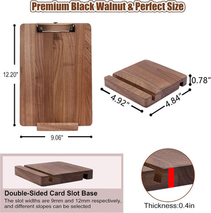 Walnut Wood Clipboard, 9.45" x 6.69" Small Menu Clip Board with Metal Clip and Stable Base, Solid Hardwood, Smooth Edges, Free Stand Holder for Bar, Restaurant, Coffee Shops, Countertops
