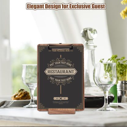 Walnut Wood Clipboard, 9.45" x 6.69" Small Menu Clip Board with Metal Clip and Stable Base, Solid Hardwood, Smooth Edges, Free Stand Holder for Bar, Restaurant, Coffee Shops, Countertops