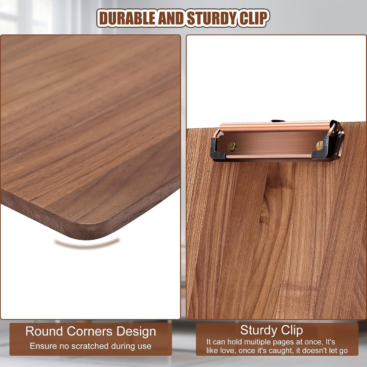 Walnut Wood Clipboard, 9.45" x 6.69" Small Menu Clip Board with Metal Clip and Stable Base, Solid Hardwood, Smooth Edges, Free Stand Holder for Bar, Restaurant, Coffee Shops, Countertops