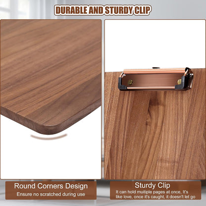 Walnut Wood Clipboard, 9.45" x 6.69" Small Menu Clip Board with Metal Clip and Stable Base, Solid Hardwood, Smooth Edges, Free Stand Holder for Bar, Restaurant, Coffee Shops, Countertops