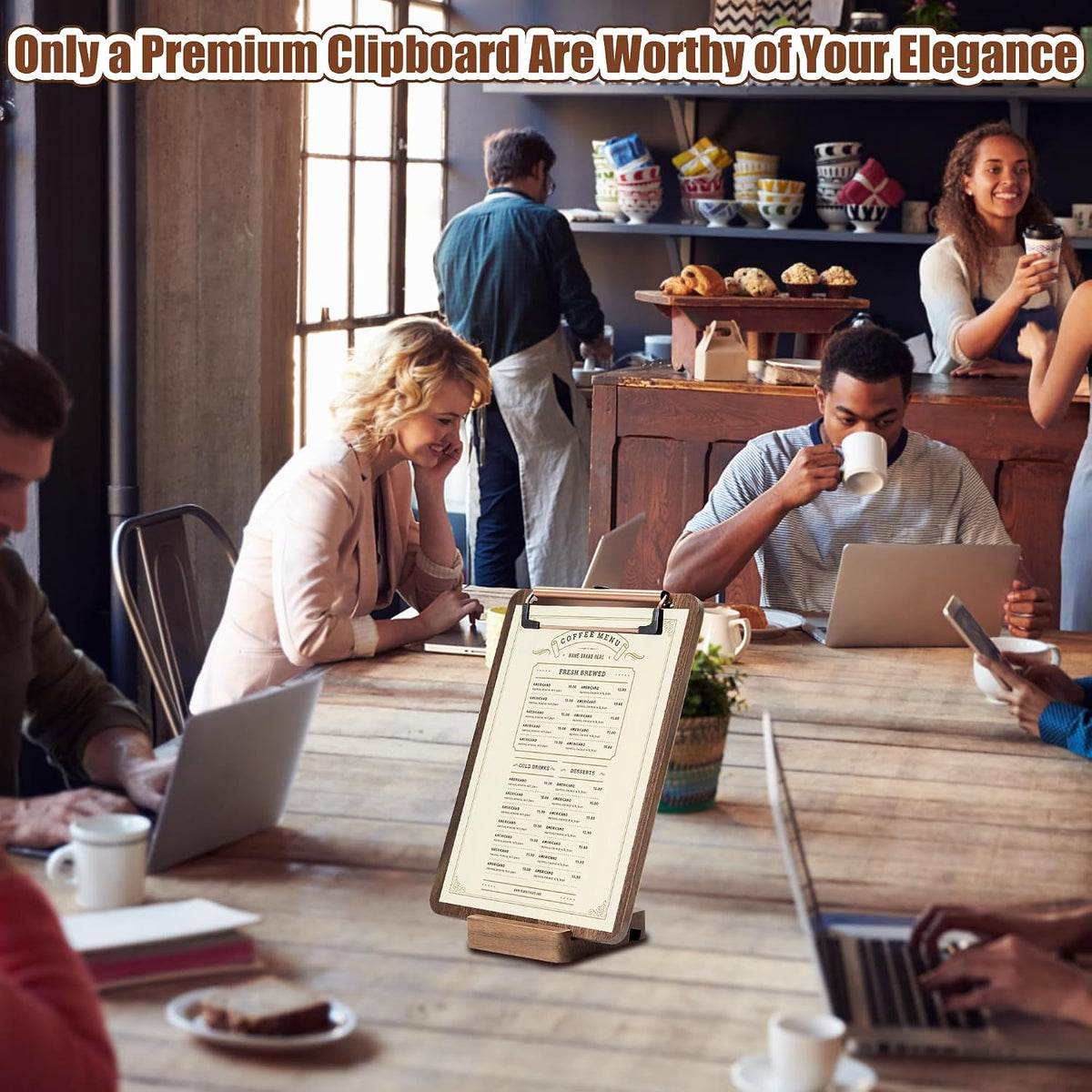 Walnut Wood Clipboard, 9.45" x 6.69" Small Menu Clip Board with Metal Clip and Stable Base, Solid Hardwood, Smooth Edges, Free Stand Holder for Bar, Restaurant, Coffee Shops, Countertops