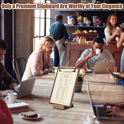 Walnut Wood Clipboard, 9.45" x 6.69" Small Menu Clip Board with Metal Clip and Stable Base, Solid Hardwood, Smooth Edges, Free Stand Holder for Bar, Restaurant, Coffee Shops, Countertops