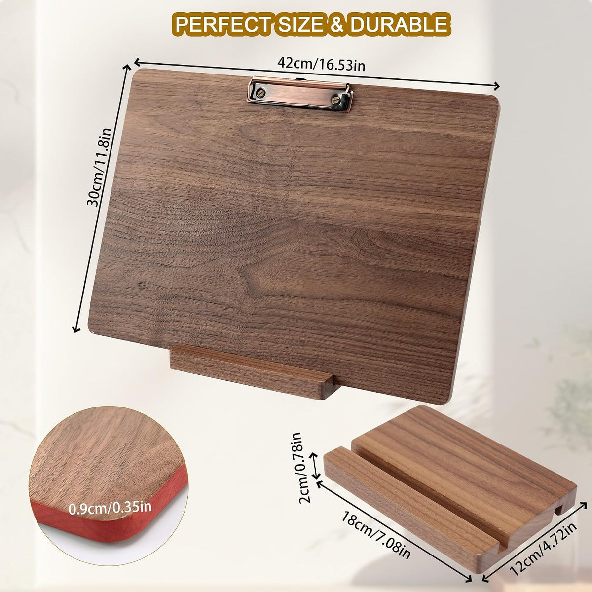Walnut Wood Clipboard, 9.45" x 6.69" Small Menu Clip Board with Metal Clip and Stable Base, Solid Hardwood, Smooth Edges, Free Stand Holder for Bar, Restaurant, Coffee Shops, Countertops