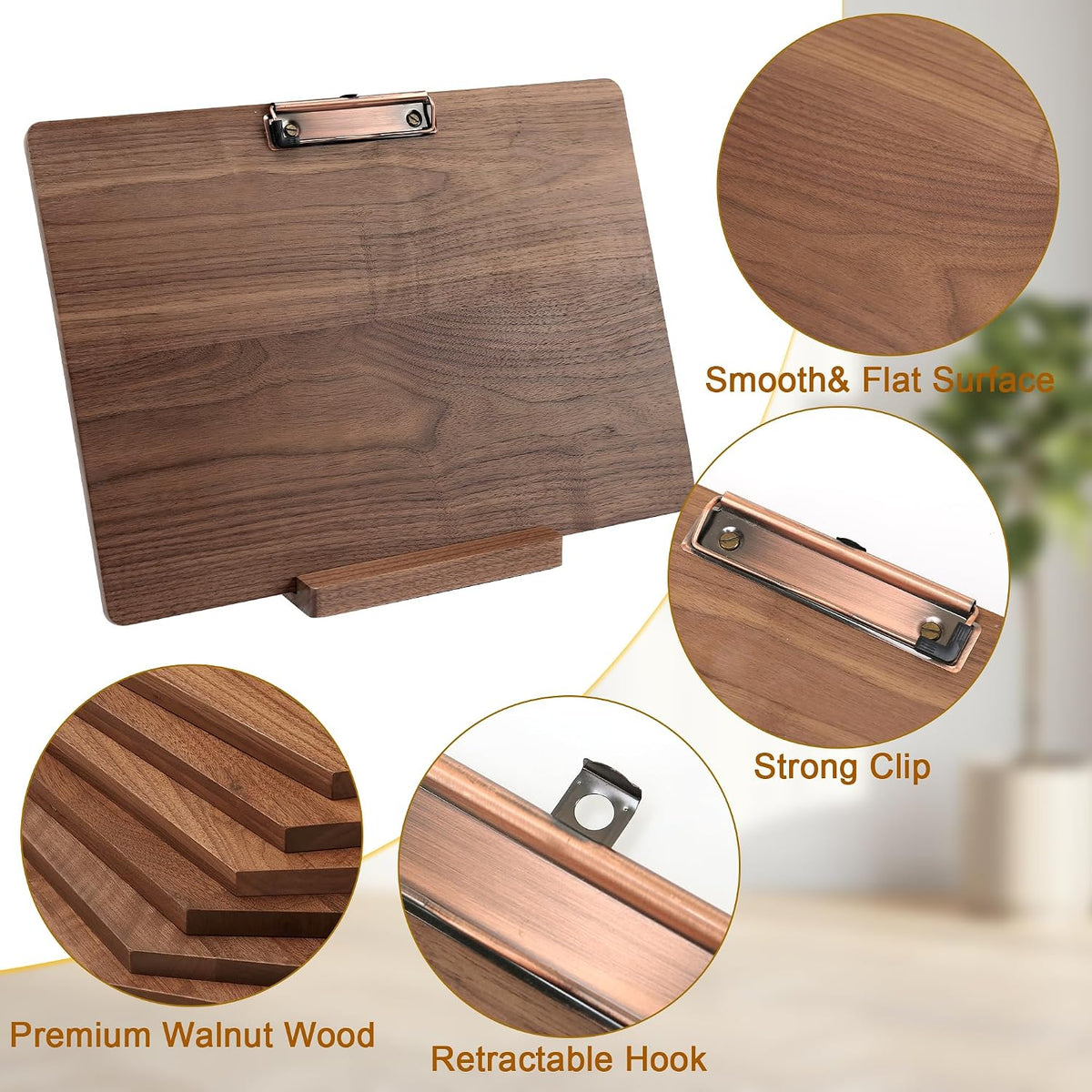 Walnut Wood Clipboard, 9.45" x 6.69" Small Menu Clip Board with Metal Clip and Stable Base, Solid Hardwood, Smooth Edges, Free Stand Holder for Bar, Restaurant, Coffee Shops, Countertops