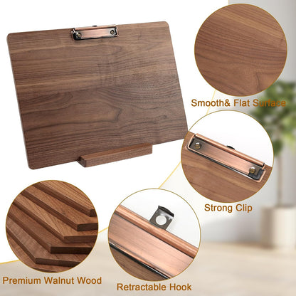 Walnut Wood Clipboard, 9.45" x 6.69" Small Menu Clip Board with Metal Clip and Stable Base, Solid Hardwood, Smooth Edges, Free Stand Holder for Bar, Restaurant, Coffee Shops, Countertops