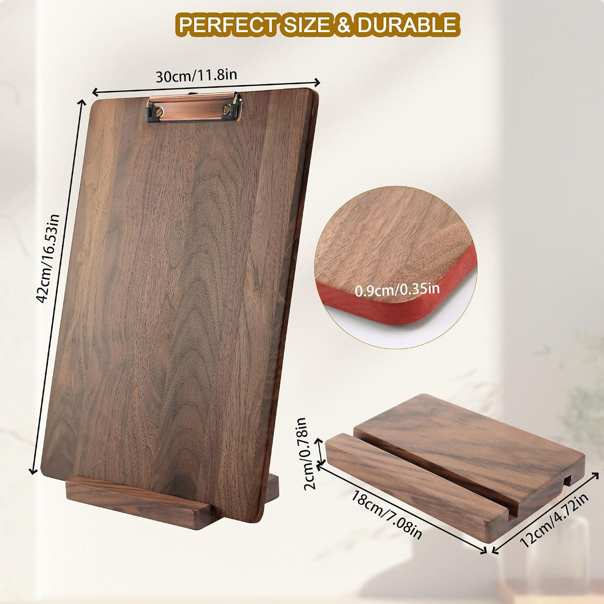 Walnut Wood Clipboard, 9.45" x 6.69" Small Menu Clip Board with Metal Clip and Stable Base, Solid Hardwood, Smooth Edges, Free Stand Holder for Bar, Restaurant, Coffee Shops, Countertops
