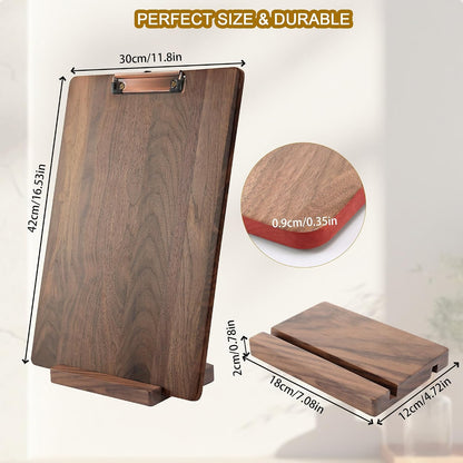 Walnut Wood Clipboard, 9.45" x 6.69" Small Menu Clip Board with Metal Clip and Stable Base, Solid Hardwood, Smooth Edges, Free Stand Holder for Bar, Restaurant, Coffee Shops, Countertops