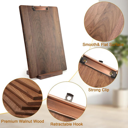 Walnut Wood Clipboard, 9.45" x 6.69" Small Menu Clip Board with Metal Clip and Stable Base, Solid Hardwood, Smooth Edges, Free Stand Holder for Bar, Restaurant, Coffee Shops, Countertops