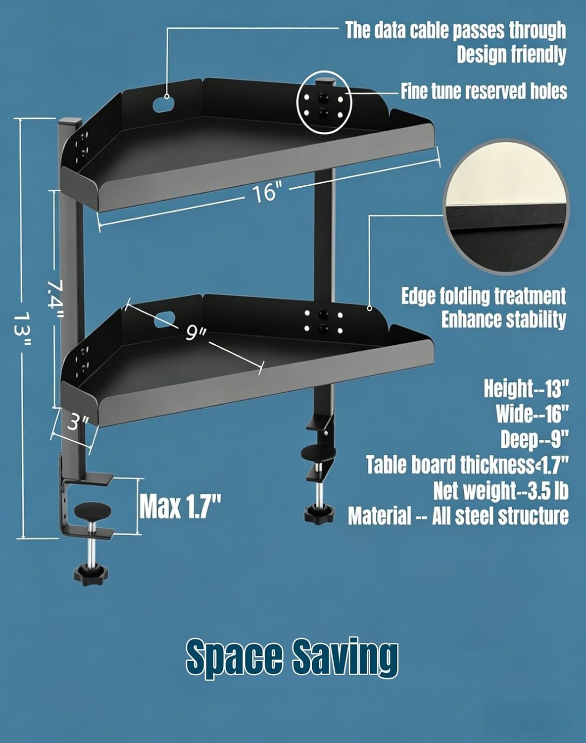 Clamp on Desk Shelf 2‑Tier, Black, Corner‑Style