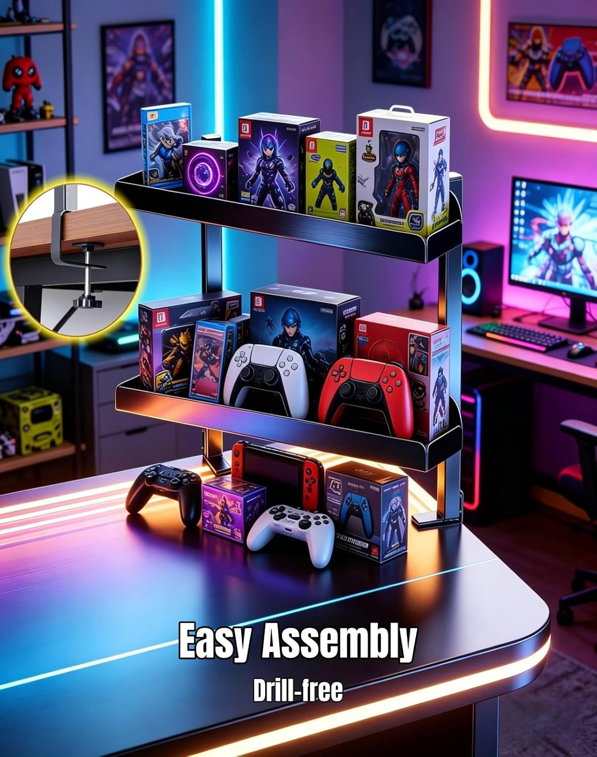 Clamp on Desk Shelf 2‑Tier, Black, Corner‑Style