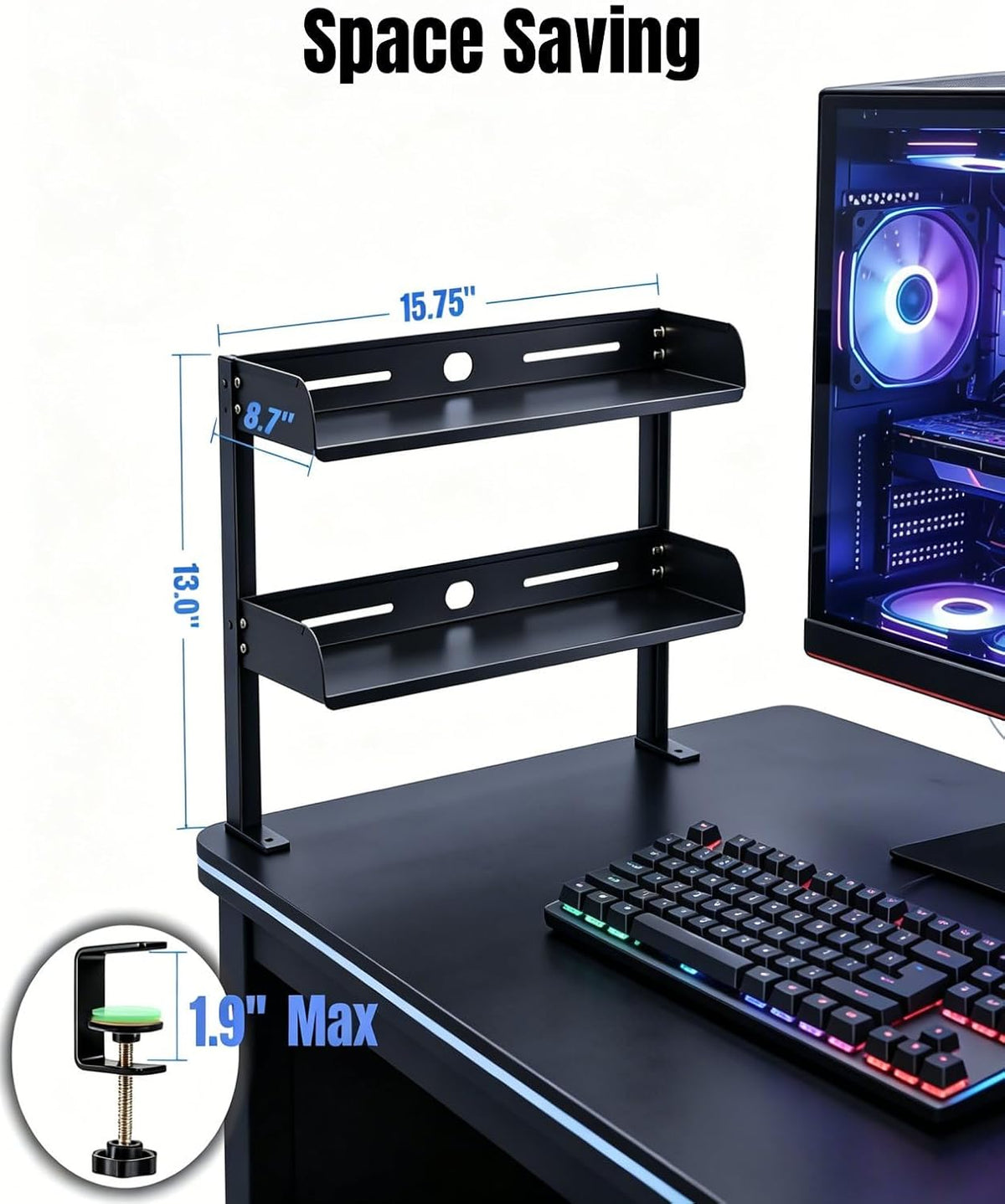 Clamp on Desk Shelf 2‑Tier, Black, Corner‑Style