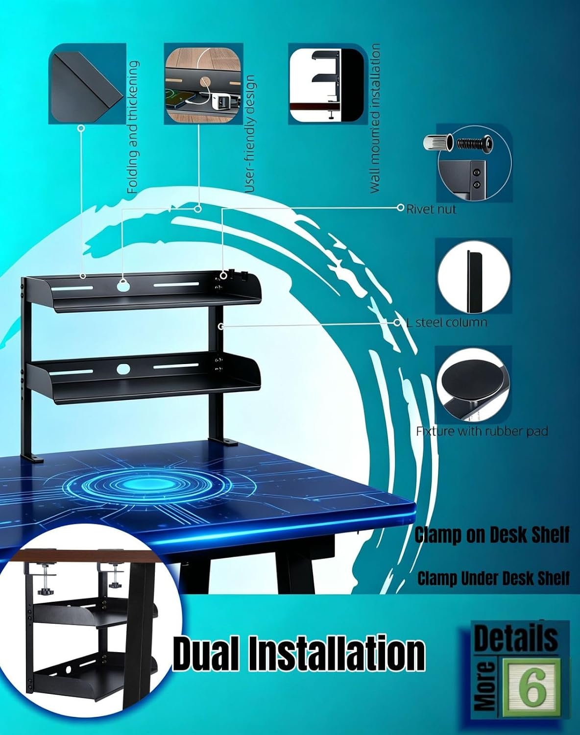 Clamp on Desk Shelf 2‑Tier, Black, Corner‑Style