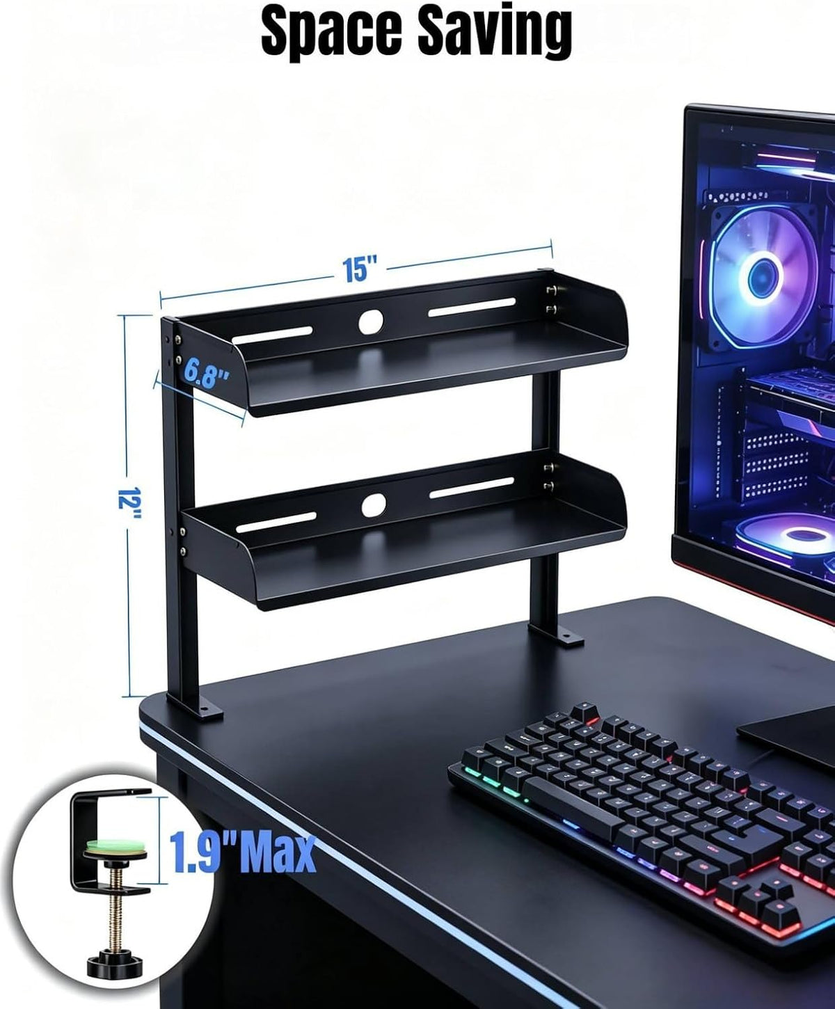 Clamp on Desk Shelf 2‑Tier, Black, Corner‑Style