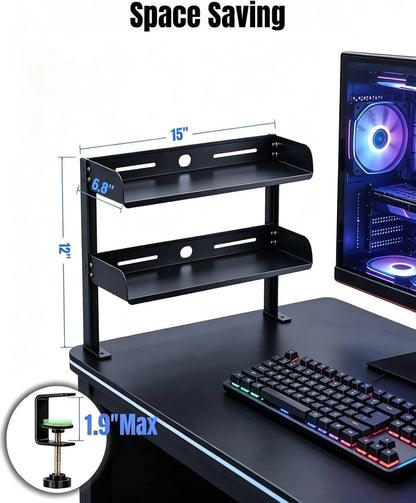 Clamp on Desk Shelf 2‑Tier, Black, Corner‑Style