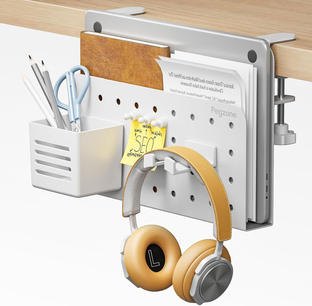Desk Side Storage Organizer, Fits Flat Edge 0.4" to 2.2", White