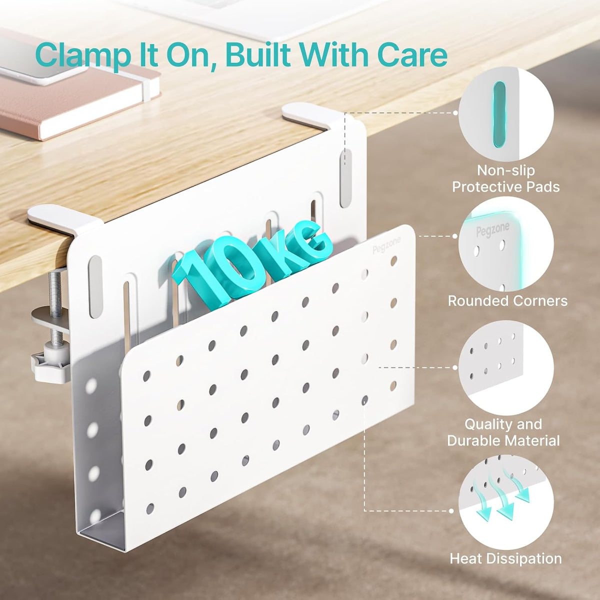 Desk Side Storage Organizer, Fits Flat Edge 0.4" to 2.2", White