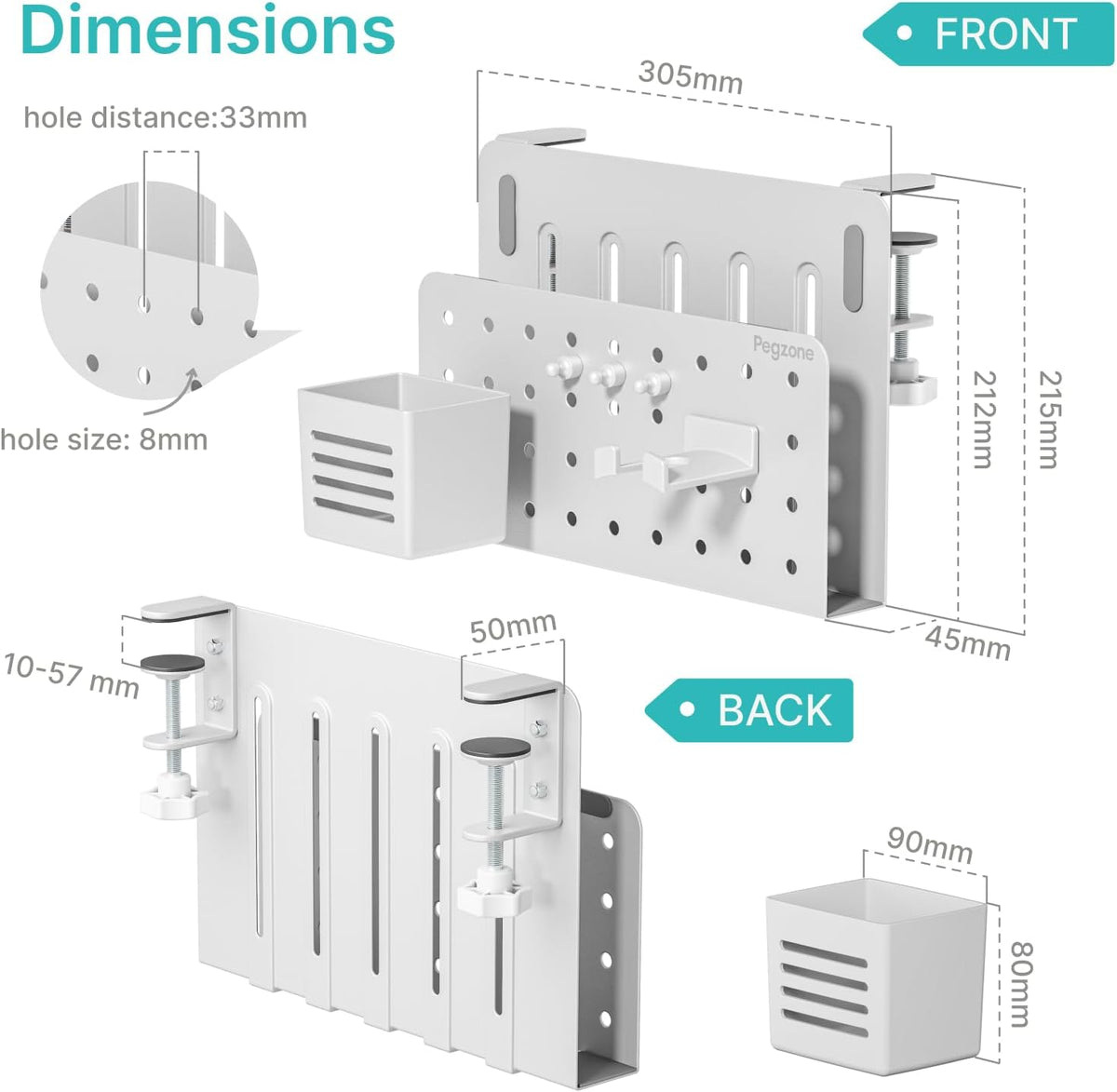 Desk Side Storage Organizer, Fits Flat Edge 0.4" to 2.2", White