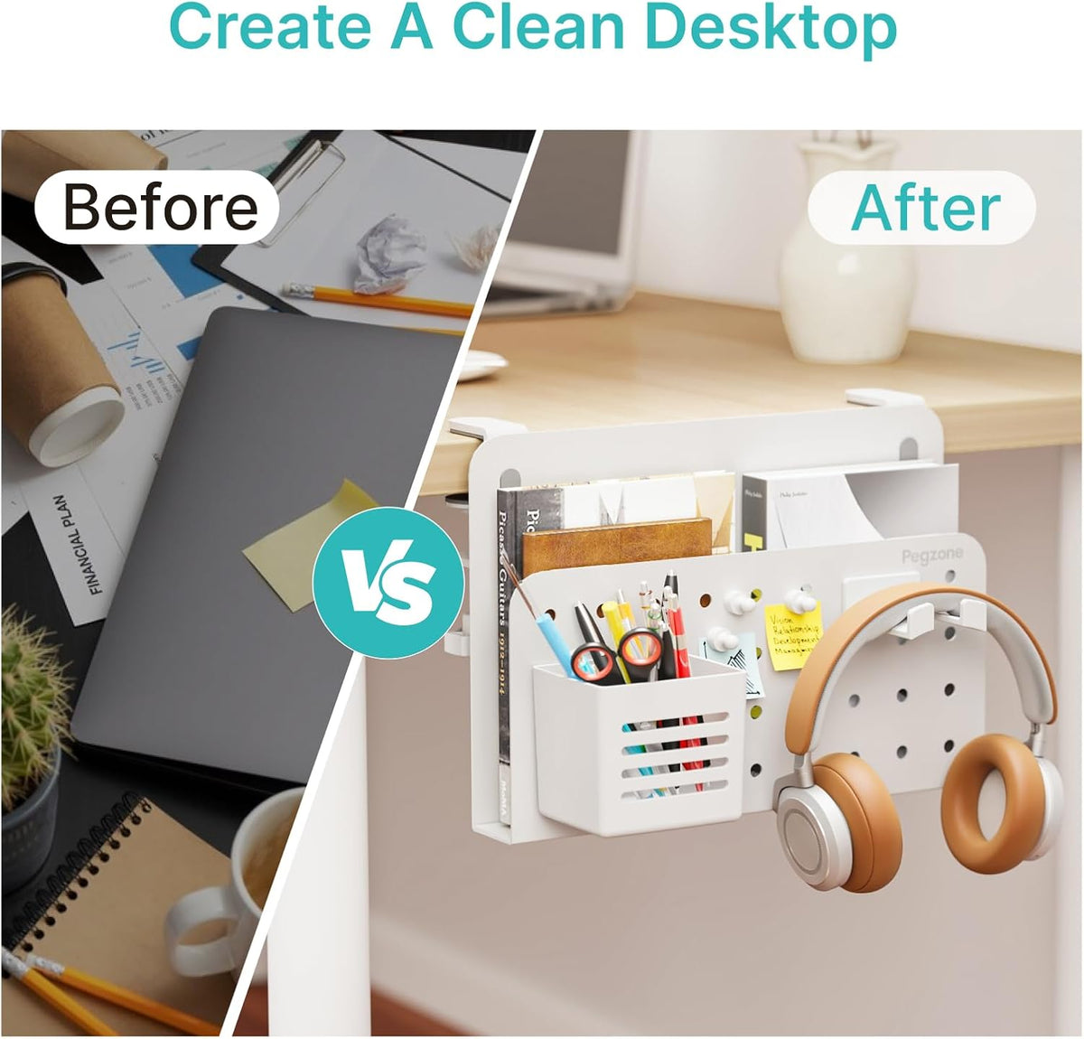 Desk Side Storage Organizer, Fits Flat Edge 0.4" to 2.2", White