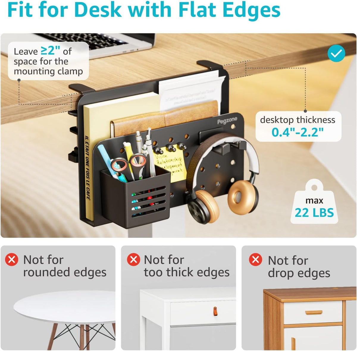 Desk Side Storage Organizer, Fits Flat Edge 0.4" to 2.2", White