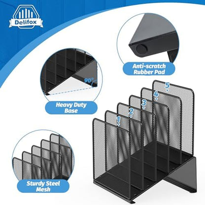 Inclined 5-Section Desk File Organizer, Vertical File Folder Holder File Sorter File Organizer for Desk Desktop Organization for Office Classroom