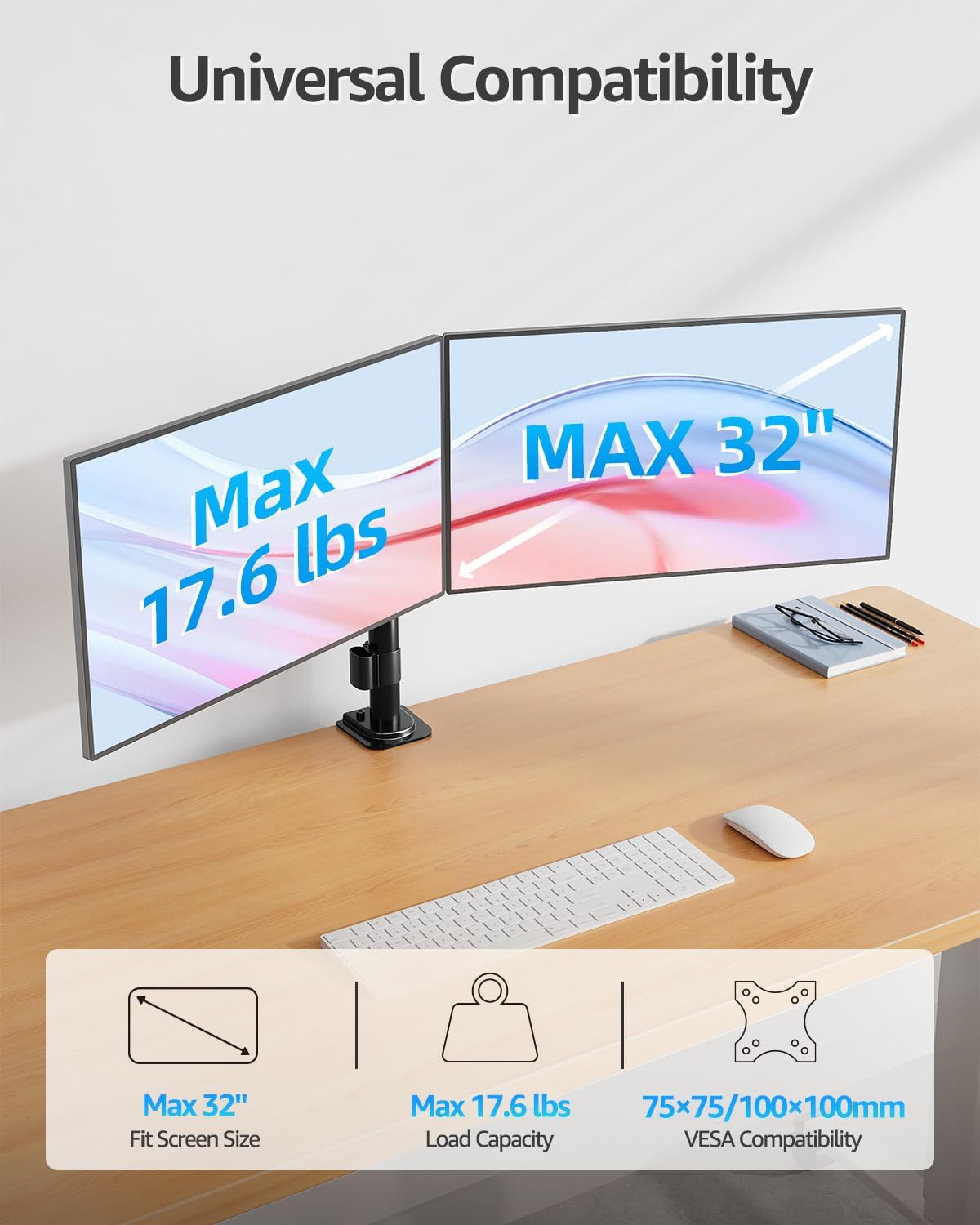 Dual Monitor Desk Mount, Max 32 Inch up to 17.6lbs, Fully Adjustable Dual Monitor Arm for 2 LCD Screens, Double Monitor Stand with C-Clamp and Grommet Base