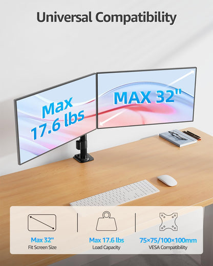 Dual Monitor Desk Mount, Max 32 Inch up to 17.6lbs, Fully Adjustable Dual Monitor Arm for 2 LCD Screens, Double Monitor Stand with C-Clamp and Grommet Base