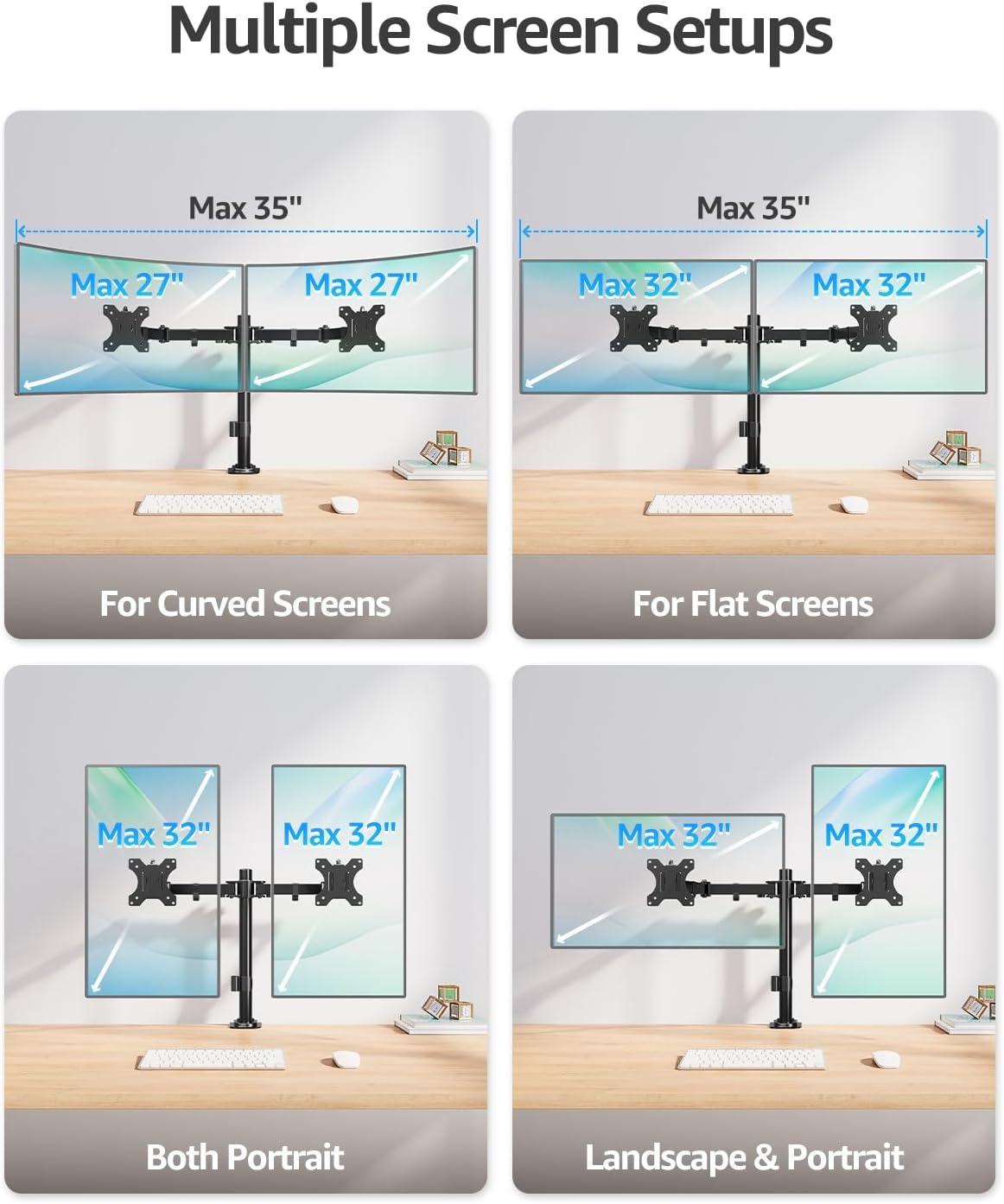 Dual Monitor Desk Mount, Max 32 Inch up to 17.6lbs, Fully Adjustable Dual Monitor Arm for 2 LCD Screens, Double Monitor Stand with C-Clamp and Grommet Base