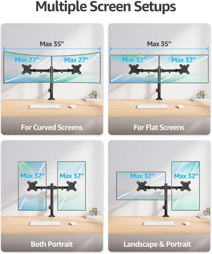 Dual Monitor Desk Mount, Max 32 Inch up to 17.6lbs, Fully Adjustable Dual Monitor Arm for 2 LCD Screens, Double Monitor Stand with C-Clamp and Grommet Base