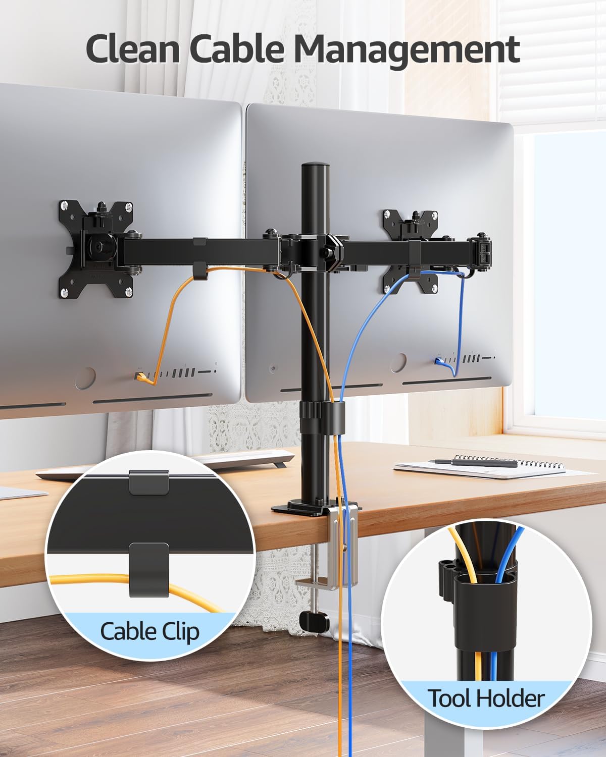 Dual Monitor Desk Mount, Max 32 Inch up to 17.6lbs, Fully Adjustable Dual Monitor Arm for 2 LCD Screens, Double Monitor Stand with C-Clamp and Grommet Base