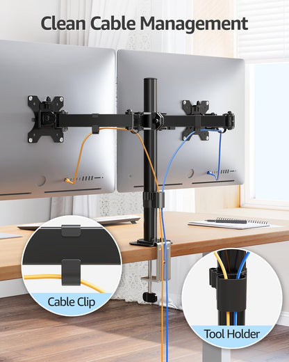 Dual Monitor Desk Mount, Max 32 Inch up to 17.6lbs, Fully Adjustable Dual Monitor Arm for 2 LCD Screens, Double Monitor Stand with C-Clamp and Grommet Base