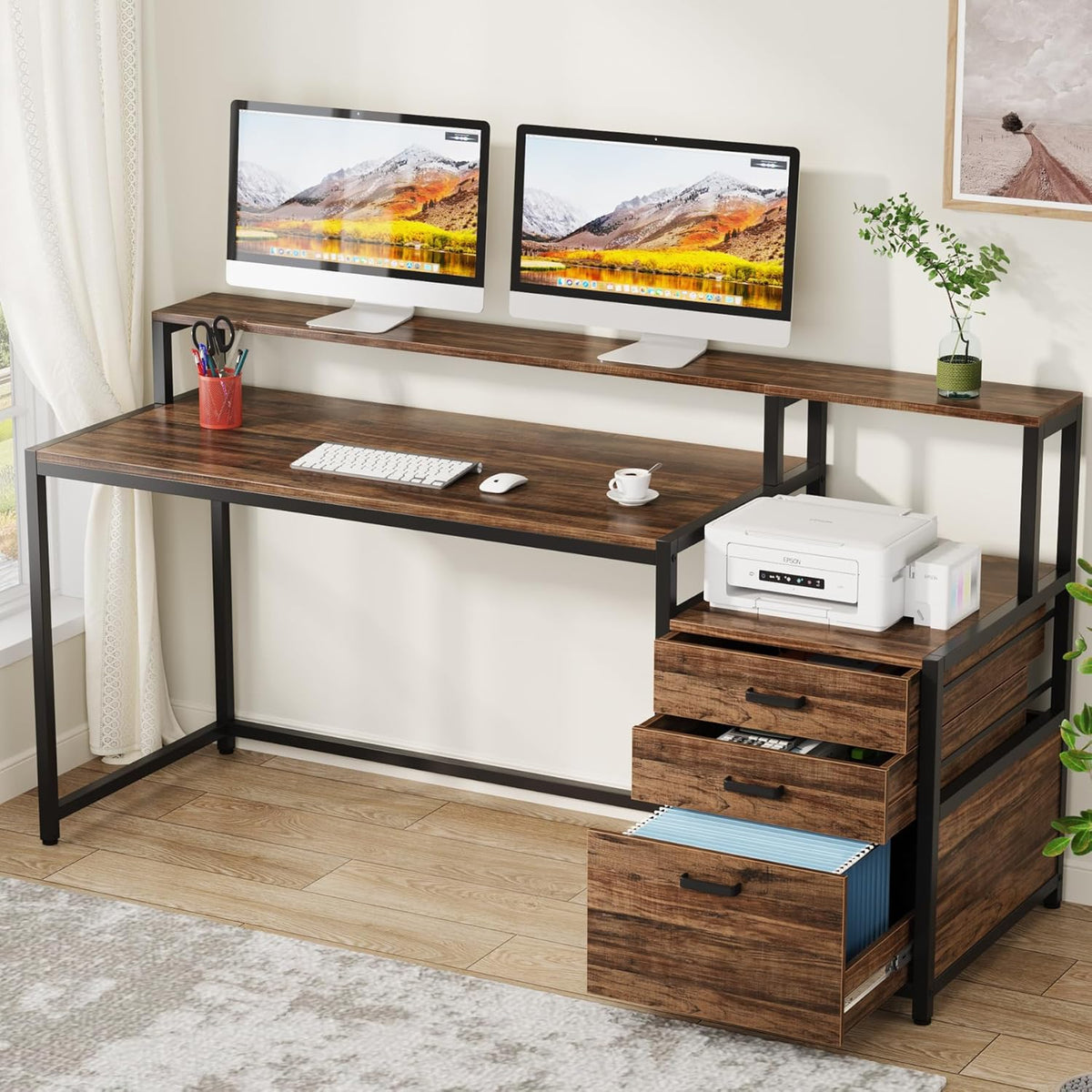 63 Inch Computer Desk with File Drawer Cabinet, Ergonomic Desk