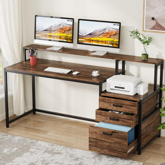 63 Inch Computer Desk with File Drawer Cabinet, Ergonomic Desk